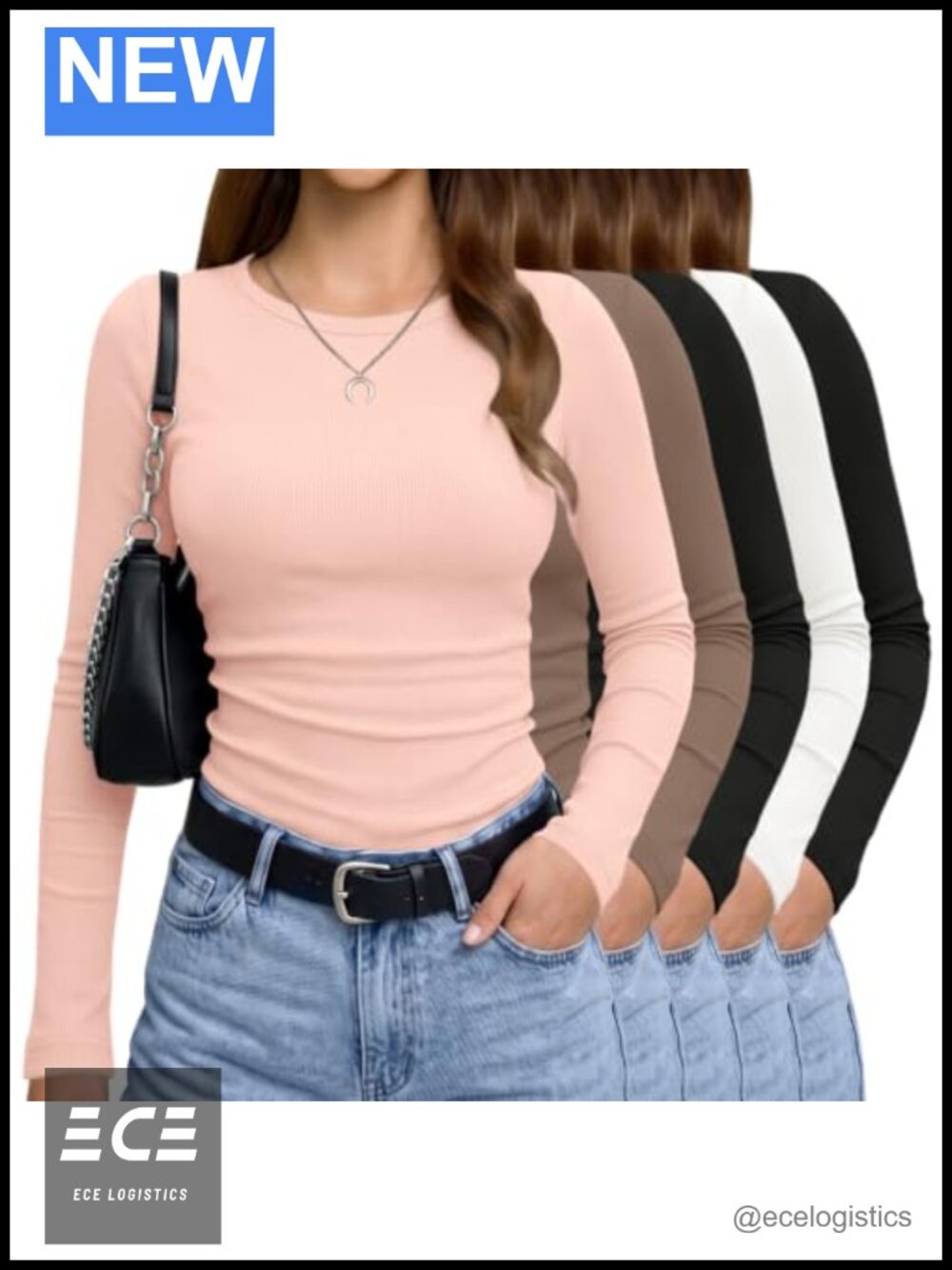 5 Pack Womens Long Sleeve Ribbed Basic Tee Slim Fit Layering Top